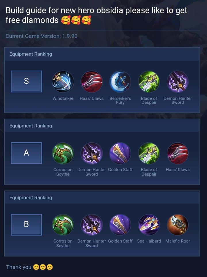 Build guide for new hero obsidia please like to get free diamonds 🥰🥰🥰
